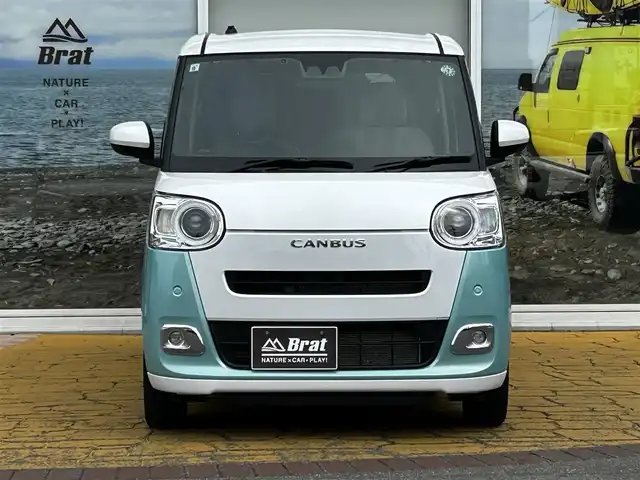 ダイハツ ムーヴ キャンバス ストライプス G 道北・旭川 2024(令6)年 0.7万km シャイニングホワイトパール/ファインミントメタリック 社外ナビゲーション/フルセグTV/バックカメラ/両側パワースライドドア/前席シートヒーター/コーナーセンサー/LEDヘッドライト/オートライト/フォグランプ/プッシュスタート/スマートキー/ETC