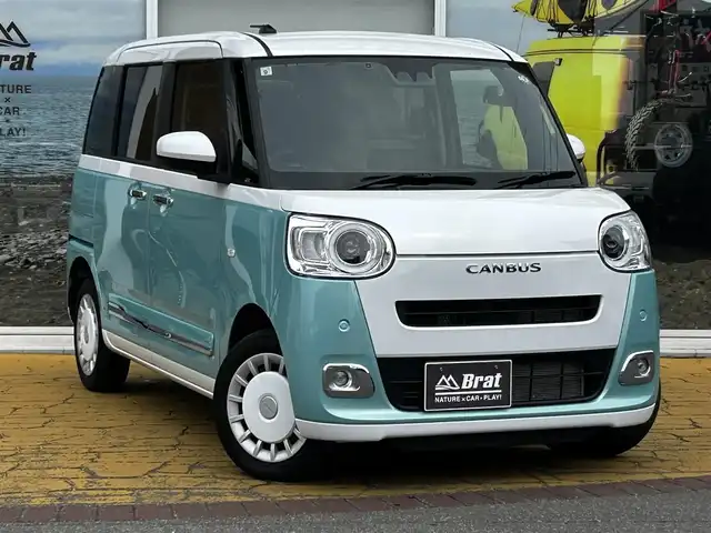 ダイハツ ムーヴ キャンバス ストライプス G 道北・旭川 2024(令6)年 0.7万km シャイニングホワイトパール/ファインミントメタリック 社外ナビゲーション/フルセグTV/バックカメラ/両側パワースライドドア/前席シートヒーター/コーナーセンサー/LEDヘッドライト/オートライト/フォグランプ/プッシュスタート/スマートキー/ETC