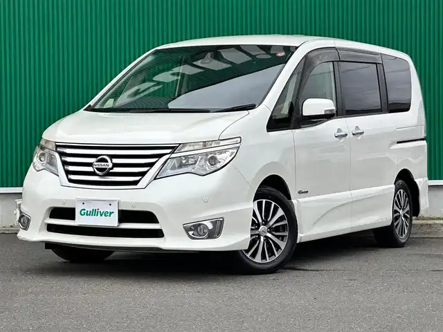 日産 セレナ HWS S HV Vセレ +SeftyⅡ 宮城県 2016(平28)年 8万km ブリリアントホワイトパール エマージェンシーブレーキ/車線逸脱警報/踏み間違い衝突防止アシスト/ふらつき警報/コーナーセンサー/アラウンドビューモニター/純正フリップダウンモニター/純正ナビ（MP315D-W）ナビSDカード無/・CD/DVD/・Bluetooth/・フルセグTV/両側パワースライドドア/革巻きステアリング/クルーズコントロール/LEDヘッドランプ/フォグランプ/オートライト/スマートキー＆プッシュスタート/電動格納ミラー/純正16インチAW/純正フロアマット/純正ドアバイザー/Wエアバッグ