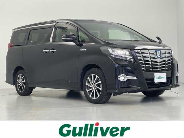 トヨタ アルファードハイブリット SR 愛知県 2015(平27)年 9.3万km ブラック 禁煙　純正１０型ナビ　純正フリップダウンモニター　クルーズコントロール　両側パワースライドドア　ハーフレザーシート　パワーシート　ビルトインＥＴＣ　バックカメラ　スマートキー　オートマチックハイ/純正10型ナビ/・Bluetooth/・CD/DVD/・フルセグテレビ/・SD音楽録音/純正フリップダウンモニター/バックカメラ/ハーフレザーシート/パワーシート/両側パワースライドドア/衝突軽減ブレーキ/レーンキープアシスト/オートマチックハイビーム/前後コーナーセンサー/クルーズコントロール/ビルトインETC/LEDヘッドライト