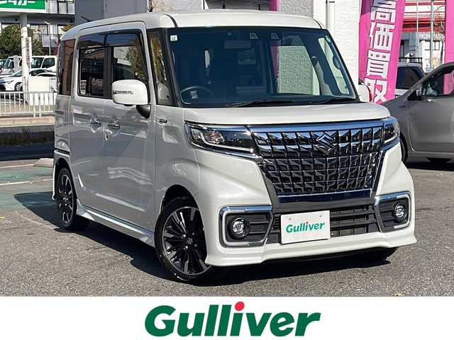 スズキ スペーシア カスタム HYBRID XS 愛知県 2021(令3)年 4.5万km ピュアホワイトP /禁煙車//メーカーナビ//AUDIO（AM・FM・DVD・CD・BlueTooth・ApplecarPiay）//フルセグテレビ//全方位カメラ・バックカメラ//クルーズコントール（追従機能有）//前方ドライブレコーダー（HDR１０３)//両側パワースライドドア//バックセンサー//ETC//LEDオートライト//車間距離制御システム//ヘッドアップディスプレイ//プリクラッシュ//レーンキープアシスト//シートヒーター（運転席）//オートリトラクトウィンカーミラー//コーナーセンサー//車線逸脱警報//リアサンシェード//運転切替スイッチ（Powerモー//スペアキー//ISOFIX//純正15インチAW//プリクラッシュ//トランクスポイラー//本革巻きステアリング//純正マット//純正ドアバイザー//横滑り防止//衝突安全ボディー//盗難防止システム//取扱説明書//記録簿//保証書//プライバシーガラス//UVカットガラス