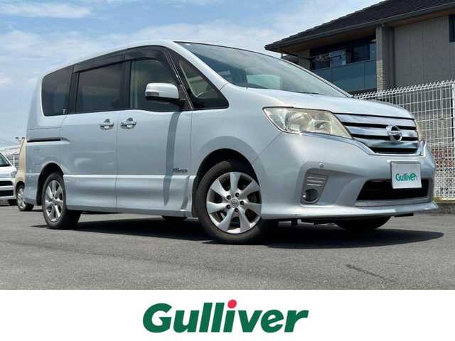 日産 セレナ ハイウェイスター Sハイブリッド 静岡県 2012(平24)年 13.9万km エターナルスノーホワイト 純正ＳＤナビ（Ｂｌｕｅｔｏｏｔｈ，ＣＤ，ＤＶＤ，フルセグＴＶ）/フリップダウンモニター/バックカメラ/前後コーナーセンサー/ＨＩＤヘッドライト/クルーズコントロール/スマートキー/純正アルミホイール/プッシュスタート/パワーステアリング/パワーウインドウ/パーキングアシスト/スペアキー/３列シート/純正フロアマット/片側パワースライドドア/ABS/横滑り防止装置/盗難防止装置/オートライト/ダブルエアバッグ