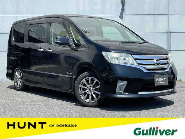 日産 セレナ ハイウェイスター Sハイブリッド 千葉県 2012(平24)年 6.5万km スーパーブラック 純正ナビ/　フルセグ/BT/DVD/CD/MSV/ビルトインETC/アイドリングストップ/クルーズコントロール/片側パワースライドドア/HIDヘッドライト/オートライト/フォグライト/スマートキー/プッシュスタート/社外１６インチAW/純正AW車載