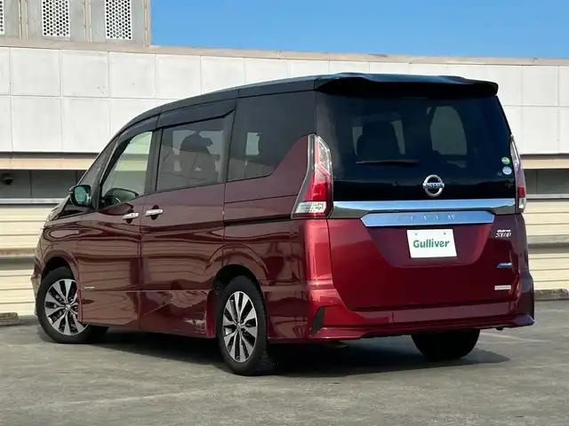 日産 セレナ ハイウェイスター プロパイロットED 静岡県 2017(平29)年 8万km マルーンレッド 2トーン エマージェンシーブレーキ/日産オリジナル9型ナビ（MM516D-L）/   CD DVD SD Blu-ray Bluetooth/フルセグTV/フリップダウンモニター/前方ドライブレコーダー/ETC2.0/バックモニター/プロパイロット/両側パワースライドドア/電動パーキングブレーキ/オートブレーキホールド/車線逸脱警報機能/LEDオートヘッドライト/フロントフォグランプ/リアロールサンシェード/純正16インチアルミホイール/純正フロアマット/インテリジェントキー×2本