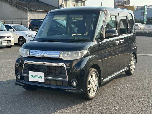 ダイハツ タント カスタム RS 広島県 2013(平25)年 8.7万km ブラックマイカメタリック ターボ/純正ナビ/「CD/DVD/Bluetooth」/フルセグTV/ETC/パワースライドドア/左側センターピラーレス/スマートキー/HIDヘッドライト/フォグランプ/純正15インチAW/アイドリングストップ/純正フロアマット/保証書/取扱説明書