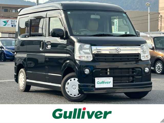 スズキ エブリイ JOINターボ 広島県 2018(平30)年 5.7万km ブルーイッシュブラックパール3 純正メモリナビ（CN-RZ73W）/　（フルセグテレビ/フルセグテレビ/Bluetooth/CD/DVD/AM/FM）/社外エアロパーツ/ETC/フロアマット/HIDヘッドライト/フォグランプ/両側スライドドア/エアコン/ダブルエアバック/スペアキー/パワーステアリング/パワーウィンドウ/取扱説明書/リモコンキー