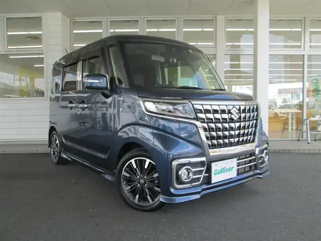 スズキ スペーシア カスタム HYBRID XS 千葉県 2022(令4)年 3.2万km インディゴブルーメタリック ワンオーナー/社外SDナビ、ワンセグTV/バックカメラ/オーディオ【CD/DVD/SD/USB】/デュアルカメラブレーキサポート/両側パワースライドドア/LEDヘッドライト&LEDフォグ/純正15インチアルミホイール/ウィンカードアミラー/ヘッドアップディスプレイ/ハーフレザーシート/シートヒーター/革巻きステアリング/前方ドライブレコーダー/ETC付き/新車整備手帳/取扱説明書/スペアキー