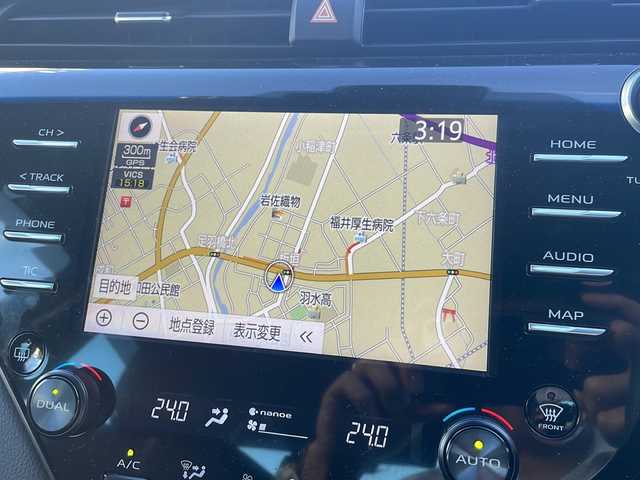 トヨタ カムリ WS 福井県 2019(令1)年 5.1万km アティチュードブラックマイカ/プラチナホワイトパールマイカ ワンオーナー/メーカーナビゲーション/フルセグテレビ/バックカメラ/プリクラッシュセーフティ/レーンキープアシスト/ヘッドアップディスプレイ/ブラインドスポットモニター/アダプティブクルーズコントロール/パドルシフト/ハーフレザーシート/D席パワーシート/ETC（ビルトイン）/クリアランスソナー/LEDヘッドライト/LEDフォグランプ/USBポート/純正18インチアルミホイール/前後ドライブレコーダー/ミラーヒーター/オートハイビーム/オートライト/オートリトラミラー/ステアリングリモコン/プッシュスタート/スマートキー/保証書/取扱説明書
