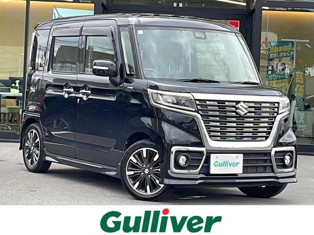 スズキ スペーシア カスタム HYBRID XS 長野県 2019(平31)年 6.3万km ブルーイッシュブラックパール3 セーフティサポート/・衝突軽減ブレーキシステム/・車線逸脱警報機能/・ふらつき警報機能/・リアパーキングセンサー/社外ナビ【MDV-D7068TW】/(CD/DVD/フルセグTV/BT)/バックカメラ/両側パワースライドドア/ビルトインETC/ハーフレザーシート/シートヒーター（D・N席）/ドライブレコーダー/パーソナルテーブル（後席左右）/革巻きステアリング/ステアリングスイッチ/アイドリングストップ/LEDヘッドライト/フォグランプ/オートライト/スマートキー/Pスタート/電動格納ミラー/純正フロアマット/純正15インチAW/ドアバイザー/スタッドレス積み込み