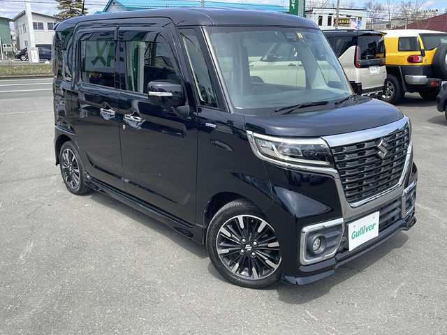 スズキ スペーシア カスタム HYBRID XS ターボ 道東・釧路十勝 2018(平30)年 5.9万km ブルーイッシュブラックパール3 4WD/純正ナビ　CN-RZ83/　(AM/FM/CD/DVD/BT)/ドライブレコーダー/ビルトインETC/アラウンドビューモニター/両側パワースライドドア/ハーフレザーシート/シートヒーター/純正15インチAW/純正フロアマット/ドアバイザー/PWR/MTモード付AT/アイドリングストップ/クルーズコントロール/コーナーセンサー/レーンキープアシスト/オートライト/オートマチックハイビーム/盗難防止装置/ABS/横滑り防止装置/スペアキー