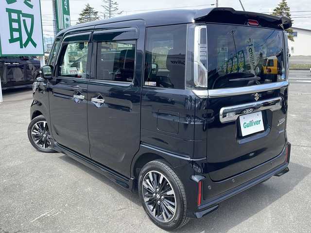 スズキ スペーシア カスタム HYBRID XS ターボ 道東・釧路十勝 2018(平30)年 5.9万km ブルーイッシュブラックパール3 4WD/純正ナビ　CN-RZ83/　(AM/FM/CD/DVD/BT)/ドライブレコーダー/ビルトインETC/アラウンドビューモニター/両側パワースライドドア/ハーフレザーシート/シートヒーター/純正15インチAW/純正フロアマット/ドアバイザー/PWR/MTモード付AT/アイドリングストップ/クルーズコントロール/コーナーセンサー/レーンキープアシスト/オートライト/オートマチックハイビーム/盗難防止装置/ABS/横滑り防止装置/スペアキー