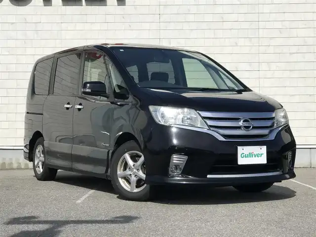 日産 セレナ ハイウェイスター Sハイブリッド 富山県 2012(平24)年 9万km スーパーブラック フリップダウンモニター/社外ナビ/フルセグTV/クルーズコントロール/横滑り防止装置/アイドリングストップ/プッシュスタート/スマートキー/スペアキー1本/両側パワースライドドア/HIDヘッドライト/オートライト/ウインカーミラー/フォグランプ/ETC/純正AWサマータイヤ車載/取扱説明書/保証書/記録簿（R3.5)