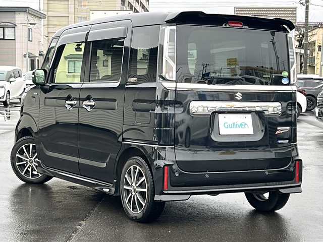 スズキ スペーシア カスタム HYBRID XS ターボ 道北・旭川 2021(令3)年 6.4万km ブルーイッシュブラックパール3 /４WD//禁煙車//スズキセーフティセンス/デュアルカメラブレーキサポート/誤発進抑制機能/車線逸脱警報/ふらつき警報/先行車発進お知らせ機能/標識認識機能/ハイビームアシスト/アダプティブクルーズコントロール//純正ナビ/CD/DVD/SD/BT/TV//バックカメラ//両側パワースライドドア//前席シートヒーター//社外ドライブレコーダー前後//社外エンジンスターター//HUD//リアサーキュレーター//オートエアコン//ミラーヒーター//ハーフレザーシート//革巻きステアリング//ステアリングスイッチ//パドルシフト//アイドリングストップ//オートエアコン//LEDヘッドライト//LEDフォグランプ//LEDフロントイルミネーション//ミラーウィンカー//電動格納ミラー//ドアバイザー//スペアキー//夏タイヤ純正AW積込み//保証書//取説