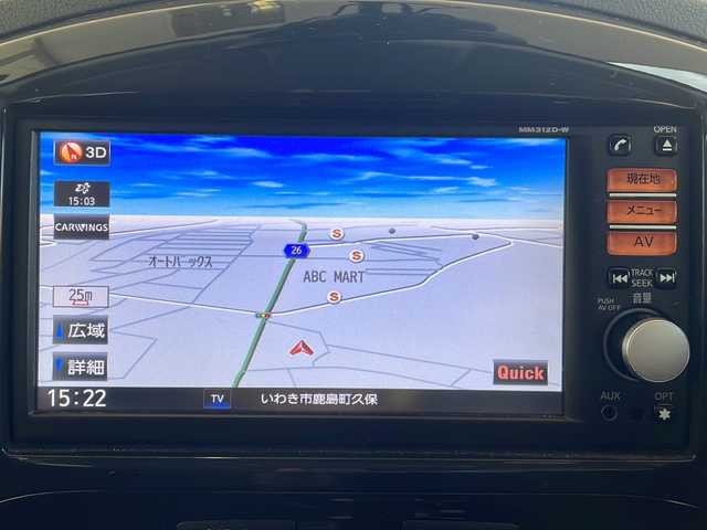 日産 ジューク 15RX タイプV 福島県 2013(平25)年 10.6万km ラディアントレッド 登録時走行距離：105148km/純正SDナビ/ (ワンセグTV/CD/AUX/iPod/VTR/AM/FM)/バックカメラ/プッシュスタート/ETC/社外デジタルインナーミラー/純正フロアマット/社外16インチAW/ハロゲンヘッドライト/フォグランプ/ドアバイザー/オートライト/スマートキー/スペアキー×１/保証書/取扱説明書