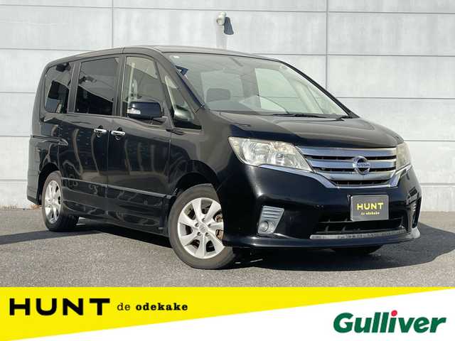 日産 セレナ ハイウェイスター Vセレクション 千葉県 2012(平24)年 10.5万km スーパーブラック 純正７インチナビ/・Bluetooth/・フルセグTV/フリップダウンモニター/追従型クルーズコントロール/ビルトインＥＴＣ/オートライト/カーテンエアバッグ/純正アルミホイール/スマートキー