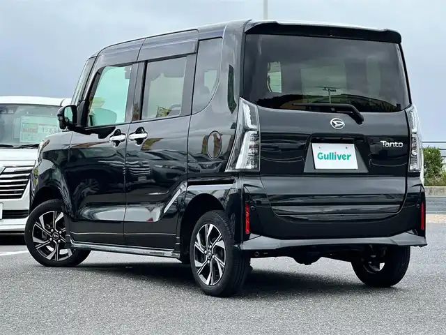 ダイハツ タント カスタム X 島根県 2022(令4)年 2.7万km ブラックマイカメタリック 登録時走行距離　27077km/ディスプレイオーディオ/(Bluetooth/HDMI/AppleCarplay/AndroidAUTO)/バックカメラ/前後ドライブレコーダー/コーナーセンサー/オートホールド/アイドリングストップ/両側電動スライドドア/ハーフレザー/シートヒーター/純正１４インチＡＷ/スペアキー×1/スマートアシスト/衝突回避支援ブレーキ機能/衝突警報機能/ブレーキ制御付誤発進抑制機能/車線逸脱警報機能/車線逸脱抑制制御機能/路側逸脱警報機能/ふらつき警報/先行車発進お知らせ機能/標識認識機能（進入禁止／最高速度／一時停止）/アダプティブドライビングビーム/コーナーセンサー/ETC