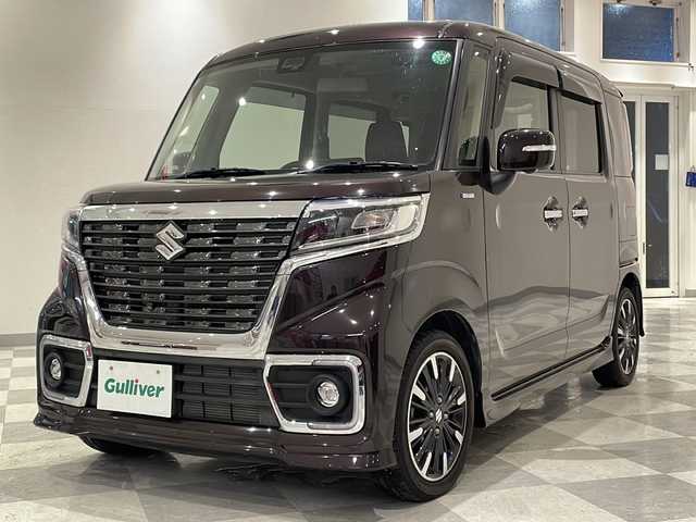 スズキ スペーシア カスタム HYBRID XS ターボ 福井県 2019(平31)年 2.4万km ムーンライトバイオレットPM ８インチナビ／両側パワースライドドア／クリアランスソナー／アイドリングストップ／Ｄ席シートヒーター／クルーズコントロール／パドルシフト／衝突軽減ブレーキ／オートライト／スマートキー／プッシュスタート