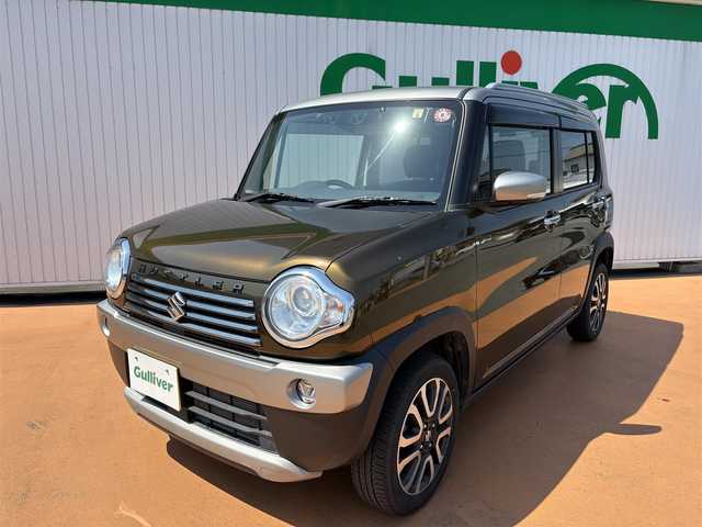 スズキ ハスラー Jスタイル Ⅲ ターボ 福岡県 2018(平30)年 7.3万km ブレイブカーキパール/スチールシルバー ワンオーナー/取説・新車保証書・有/スマートキースペア有/デュアルカメラブレーキサポート/：衝突軽減システム/：誤発進抑制機能/：車線逸脱警報機能/：ふらつき警報機能/：先行車発進お知らせ機能/シートヒーター（運転席・助手席）/HIDヘッドライト/：オートライト/ブラウン合皮ネイビーファブリックシート/シートヒーター（運転席・助手席）/シートバックテーブル（助手席側）/社外SDナビ/　フルセグTV/DVDビデオ　/　Bluetooth：バックカメラ