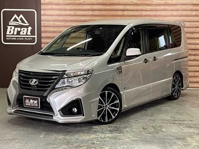 日産 セレナ HWS S HV Vセレ +SeftyⅡ 福島県 2016(平28)年 6.9万km ブリリアントシルバー AIS検査済み/【2502049740】/ローダウンキット（社外）/インパル プレミアムバージョン（社外）/フロントフォグランプ/HIDヘッドライト/オートライト/両側パワスラ/3列シート/スマートキー/後席モニター/Bluetooth接続/フルセグ/ETC(通常）/AAC/コーナーセンサー/盗難防止装置/全方位カメラ/レーンキープアシスト/横滑り防止/衝突被害軽減ブレーキ/アイドリングストップ/18AW ホットスタッフ　ラフィットLE07（ブラックポリッシュ）（社外）/グリップマックス シュアグリップ PRO SRORT（社外）/社外パーツ取付有