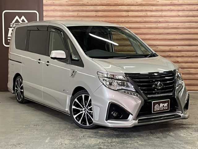日産 セレナ HWS S HV Vセレ +SeftyⅡ 福島県 2016(平28)年 6.9万km ブリリアントシルバー AIS検査済み/【2502049740】/ローダウンキット（社外）/インパル プレミアムバージョン（社外）/フロントフォグランプ/HIDヘッドライト/オートライト/両側パワスラ/3列シート/スマートキー/後席モニター/Bluetooth接続/フルセグ/ETC(通常）/AAC/コーナーセンサー/盗難防止装置/全方位カメラ/レーンキープアシスト/横滑り防止/衝突被害軽減ブレーキ/アイドリングストップ/18AW ホットスタッフ　ラフィットLE07（ブラックポリッシュ）（社外）/グリップマックス シュアグリップ PRO SRORT（社外）/社外パーツ取付有
