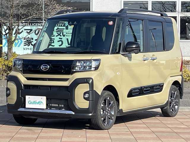 ダイハツ タント ファンクロスターボ 福島県 2023(令5)年 1.4万km ブラックマイカメタリック/サンドベージュメタリック 4WD/ターボ/純正9inディスプレイオーディオ/　【USB/BT/apple carplay/Android Auto】/バックカメラ/両側パワースライドドア/前席シートヒーター/アイドリングストップ/横滑り防止機能/パーキングアシスト/衝突軽減システム/LEDヘッドライト（AUTO機能付き）/　・フォグランプ/ヘッドライトレベライザー/コーナーセンサー/純正フロアマット/プッシュスタート/新車保証書/取扱説明書/スペアキー×１