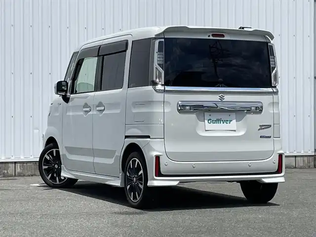 スズキ スペーシア カスタム HYBRID XS 福岡県 2018(平30)年 3.7万km ピュアホワイトP ・純正7インチナビ【CN-RE03WD】/-BT/フルセグTV/CD/DVD/FM/AM/SD/・衝突軽減ブレーキ/・クリアランスソナー/・車線逸脱警報/・横滑り防止装置/・オートライト/・オートハイビーム/・両側パワースライドドア/・前席シートヒーター/・ウィンカーミラー/・ドアバイザー/・フロアマット/・純正アルミ１５インチ/・純正フロントグリル/・フォグランプ/・アイドリングストップ/・スマートキー×２