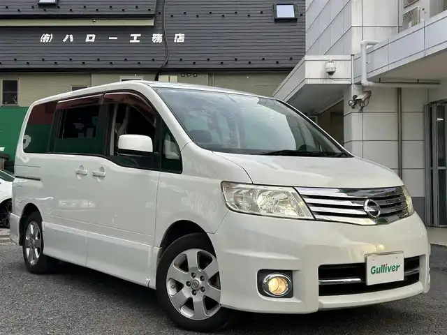 日産 セレナ ハイウェイスター 東京都 2007(平19)年 19.4万km ホワイトパール △ワンオーナー/△純正HDDナビ/　CD/DVD/MSV/BT/AUX/△バックカメラ・サイドカメラ/△ETC/△ドライブレコーダー/△ABS/△電格ミラー/△純正HIDヘッドライト/△オートライト/△純正フォグ/△ステアリングスイッチ/△ISOFIX/△ドアバイザー/△AC100V電源/△フロアマット/△革巻きステアリング