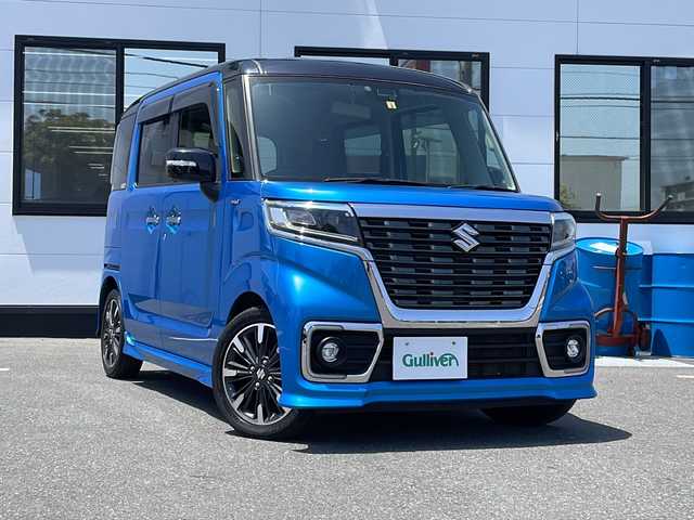 スズキ スペーシア カスタム HYBRID XS ターボ 山口県 2018(平30)年 6.1万km ブリスクブルーメタリック/ブラック2トーンルーフ 禁煙車/社外SDナビ【CN-RE04WD】/フルセグテレビ/Bluetooth/両側パワースライドドア/ビルトインETC/クルーズコントロール/サーキュレーター/ハーフレザーシート/シートヒーター【D席のみ】/パドルシフト/純正フロアマット/純正15インチアルミホイール/本革巻きステアリング/ステアリングスイッチ/ドアバイザー/プッシュスタート/スマートキー/アイドリングストップ/LEDフォグランプ/コーナーセンサー/パーキングアシスト/衝突被害軽減システム/レーンキープアシスト/盗難防止装置