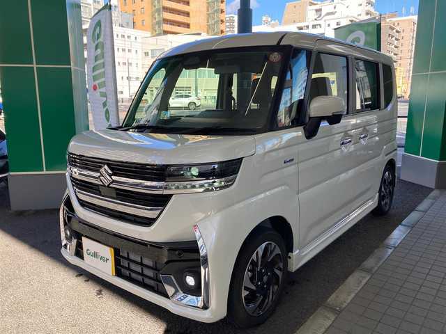 スズキ スペーシア カスタム HYBRID XS 兵庫県 2023(令5)年 0.7万km ピュアホワイトP ワンオーナー/スズキセーフティーサポート/純正15インチアルミホイール/オートライト/オートマチックハイビーム/運転席＆助手席シートヒーター/ハーフレザー調シート/HUD/I-STOP/ステアリングヒーター/両側パワースライドドア