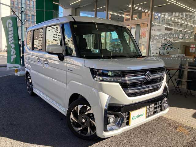 スズキ スペーシア カスタム HYBRID XS 兵庫県 2023(令5)年 0.7万km ピュアホワイトP ワンオーナー/スズキセーフティーサポート/純正15インチアルミホイール/オートライト/オートマチックハイビーム/運転席＆助手席シートヒーター/ハーフレザー調シート/HUD/I-STOP/ステアリングヒーター/両側パワースライドドア