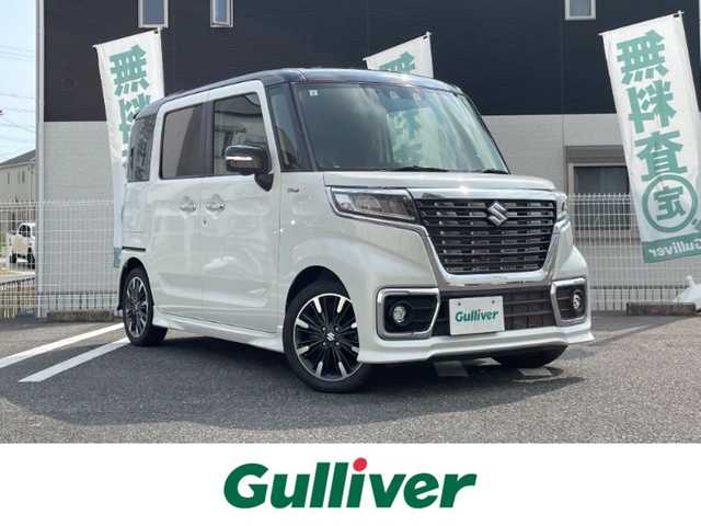 スズキ スペーシア カスタム HYBRID XS ターボ 三重県 2021(令3)年 4.8万km ピュアホワイトパール/ブラック2トーン 登録時47406km/ワンオーナー/ハーフレザーシート/4WD/禁煙車/純正ナビ/（AM/FM/TV/Bluetooth）/フルセグTV/アラウンドビューモニター/レーダークルーズコントロール/ドライブレコーダー/ステアリングスイッチ/パドルシフト/両側パワースライドドア/シートヒーター/社外レーダー/衝突軽減システム/車線逸脱防止機能/コーナーセンサー/HUD/アイドリングストップ/純正フロアマット/純正AW/プッシュスタート/スペアキー