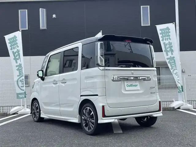 スズキ スペーシア カスタム HYBRID XS ターボ 三重県 2021(令3)年 4.8万km ピュアホワイトパール/ブラック2トーン 登録時47406km/ワンオーナー/ハーフレザーシート/4WD/禁煙車/純正ナビ/（AM/FM/TV/Bluetooth）/フルセグTV/アラウンドビューモニター/レーダークルーズコントロール/ドライブレコーダー/ステアリングスイッチ/パドルシフト/両側パワースライドドア/シートヒーター/社外レーダー/衝突軽減システム/車線逸脱防止機能/コーナーセンサー/HUD/アイドリングストップ/純正フロアマット/純正AW/プッシュスタート/スペアキー
