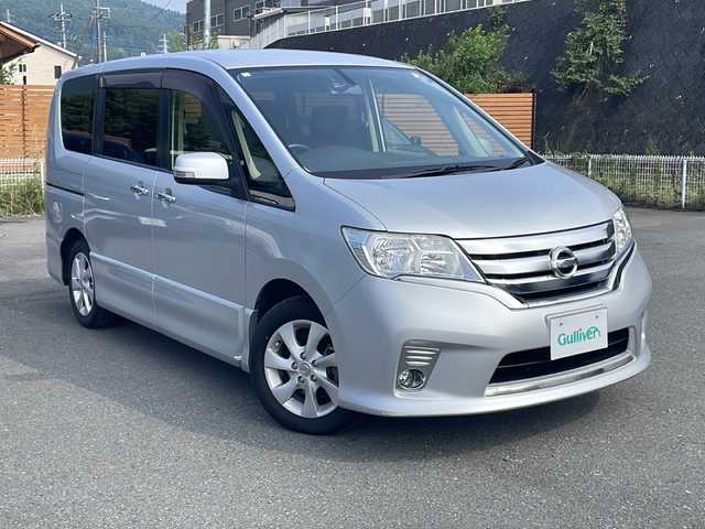 日産 セレナ ハイウェイスター Vセレクション 山梨県 2012(平24)年 13.8万km ブリリアントシルバー 純正SDナビ/Bluetooth接続/CD・DVD再生可能/ワンセグTV/バックカメラ/サイドカメラ/クルーズコントロール/フリップダウンモニター/両側パワースライドドア/横滑り防止装置/ビルトインETC/ドライブレコーダー/ダブルオートエアコン/フロアマット/スペアキー/スマートキー/プッシュスタート/取扱説明書/保証書