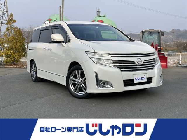 日産 エルグランド 250ハイウェイスター 岩手県 2012(平24)年 12万km ブリリアントホワイトパール 社外HDDナビ/AM/FM/CD/DVD/SD/HDD/フルセグTV/バックカメラ/ETC/社外フリップダウンモニタ/両側パワースライドドア/ハーフレザーシート/N席/2列目オットマン/プッシュスタート/スマートキー/ドアバイザー/フロアマット/純正18インチAW