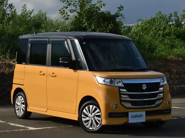 スズキ スペーシア カスタム Z 福岡県 2017(平29)年 4.1万km アクティブイエロー/ブラック2トーンルーフ 純正ナビ/　CD/DVD/フルセグTV/BT/全方位モニター/スマートキー/プッシュスタート/両側パワースライドドア/純正HIDヘッドライト/純正14インチアルミ/D席シートヒーター/アイドリングストップ/ETC