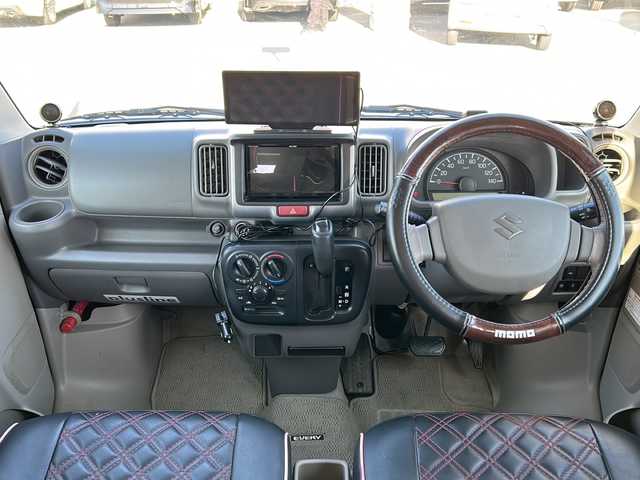 スズキ エブリイ ジョイン 兵庫県 2017(平29)年 8.7万km ブルーイッシュブラックパール3 岡モータース ミニチュアクルーズSV/取扱説明書/保証書/社外SDナビ（フルググ/Bluetooth/AM/FM/DISC/SD）/インチアップ/ドラレコ前後/ETC/バックカメラ/革調シートカバー/衝突軽減ブレーキ/後付けモニター/2nd発進/MTモード/純正フロアマット/社外アルミホイール/LEDヘッドライト/両側スライドドア