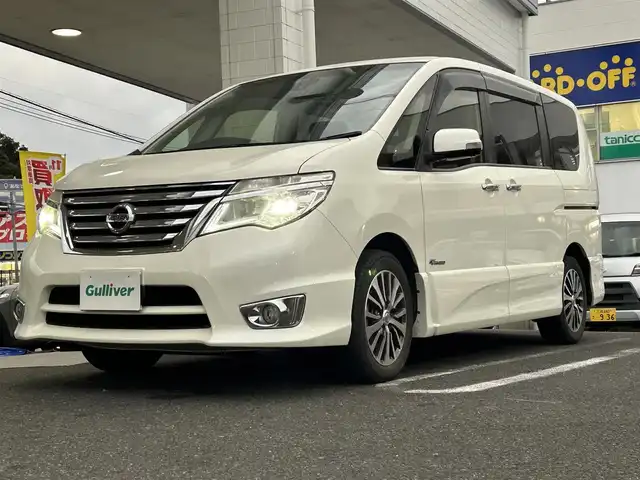 日産 セレナ ハイウェイスター Sハイブリッド 長崎県 2014(平26)年 8.6万km ブリリアントホワイトパール ワンオーナー/純正SDナビ(FM/AM/CD/DVD/BT/フルセグTV)/プッシュスタート/アイドリングストップ/両側パワースライドドア/バックカメラ/純正フロアマット/純正アルミホイール/ABS/TCS/VDC/エマージェンシーブレーキ/イモビライザー/スマートキー/スペアキー/取扱説明書/保証書