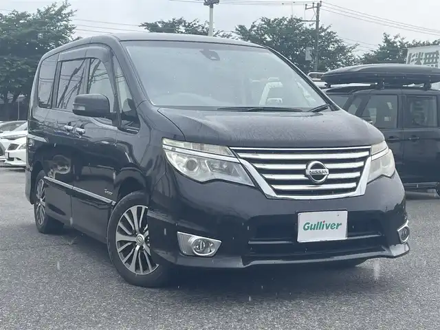 日産 セレナ ハイウェイスター Sハイブリッド 滋賀県 2015(平27)年 6.3万km ダイヤモンドブラック ワンオーナー/純正SDナビ（Bluetooth、CD、DVD、iPod）/フリップダウンモニター/フルセグTV/バックカメラ/両側パワースライドドア/ABS/横滑り防止装置/レーンキープアシスト/Wエアバッグ/前後社外ドライブレコーダー/プッシュスタート/スマートキー/純正フロアマット/LEDヘッドライト/保証書/取扱説明書