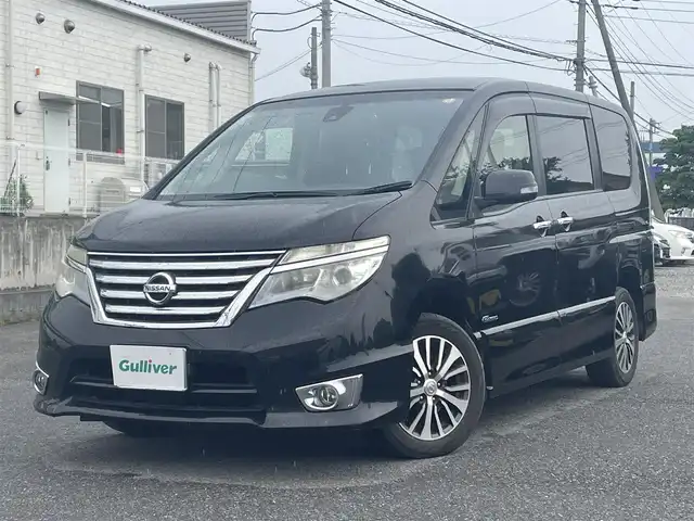 日産 セレナ ハイウェイスター Sハイブリッド 滋賀県 2015(平27)年 6.3万km ダイヤモンドブラック ワンオーナー/純正SDナビ（Bluetooth、CD、DVD、iPod）/フリップダウンモニター/フルセグTV/バックカメラ/両側パワースライドドア/ABS/横滑り防止装置/レーンキープアシスト/Wエアバッグ/前後社外ドライブレコーダー/プッシュスタート/スマートキー/純正フロアマット/LEDヘッドライト/保証書/取扱説明書