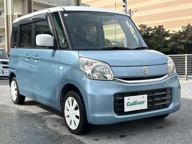 スズキ スペーシア X 沖縄県 2015(平27)年 8.7万km フィズブルーパールメタリック/ホワイト 禁煙車　/純正ナビ/（ＡＭ／ＦＭ／ＣＤ／ＤＶＤ／ＢＴ）　/フルセグＴＶ　/全方位モニター　/片側パワースライドドア　/社外ＥＴＣ　/ＬＥＤヘッドライト　/プッシュスタート　/スマートキー　/純正フロアマット　/純正ホイール/ベンチシート/オートエアコン/スペアキー