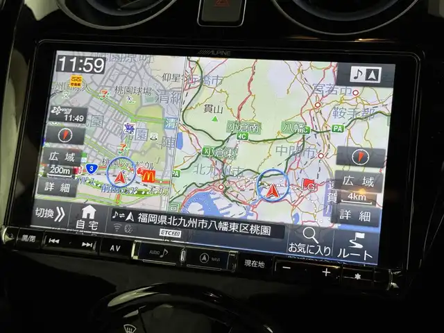 日産 ノート e-パワーオーテック スポーツスペック 福岡県 2019(令1)年 8.5万km ガーネットレッド アルパインナビ（ＢＴ，フルセグＴＶ）　/アラウンドビューモニター　/ＥＴＣ　/デジタルルームミラー　/インテリジェントクルコン　/コーナーセンサー　/エマージェンシーブレーキ　/レーンキープ　/純正１６インチＡＷ