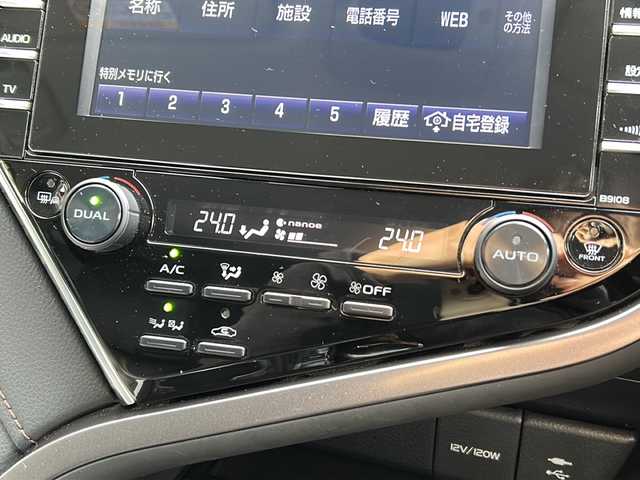 トヨタ カムリ G レザーパッケージ 広島県 2018(平30)年 4.7万km アティチュードブラックマイカ 純正ナビ（CD/DVD/フルセグTV/SD/USB)/バックカメラ/モデリスタエアロ/前方ドライブレコーダー/ビルトインETC2.0/レーダークルーズコントロール/BSM/RCTA/シートヒーター/純正17インチAW/前後コーナーセンサー/LEDヘッドライト/オートライト/オートマチックハイビーム/衝突軽減システム/レーンキープアシスト/横滑り防止装置/パワーシート/スマートキー/スペアキー