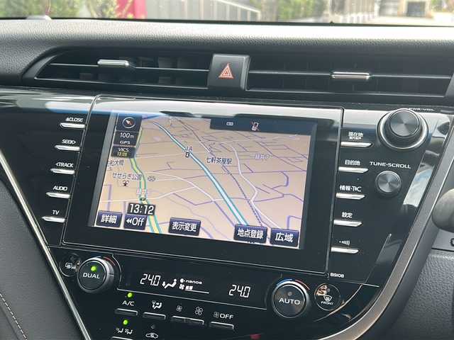 トヨタ カムリ G レザーパッケージ 広島県 2018(平30)年 4.7万km アティチュードブラックマイカ 純正ナビ（CD/DVD/フルセグTV/SD/USB)/バックカメラ/モデリスタエアロ/前方ドライブレコーダー/ビルトインETC2.0/レーダークルーズコントロール/BSM/RCTA/シートヒーター/純正17インチAW/前後コーナーセンサー/LEDヘッドライト/オートライト/オートマチックハイビーム/衝突軽減システム/レーンキープアシスト/横滑り防止装置/パワーシート/スマートキー/スペアキー