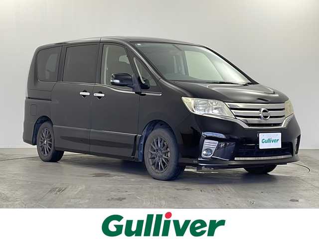 日産 セレナ ハイウェイスター Vセレクション 栃木県 2012(平24)年 11万km スーパーブラック 社外フリップダウンモニター(Pioneer)/純正SDナビ(MC311D-W)/ Bluetooth/フルセグTV・/SD/CD/DVD/バックカメラ/クルーズコントロール/両側パワースライドドア/リアガラスサンシェード/ビルトインETC/HIDヘッドライト/フォグランプ/プッシュスタート/フロアマット/社外5インチアルミホイール/純正16インチアルミホイールセット積込(タイヤ溝無)/スマートキー×2本/保証書、取扱説明書