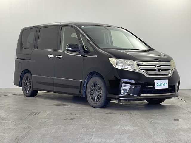 日産 セレナ ハイウェイスター Vセレクション 栃木県 2012(平24)年 11万km スーパーブラック 社外フリップダウンモニター(Pioneer)/純正SDナビ(MC311D-W)/ Bluetooth/フルセグTV・/SD/CD/DVD/バックカメラ/クルーズコントロール/両側パワースライドドア/リアガラスサンシェード/ビルトインETC/HIDヘッドライト/フォグランプ/プッシュスタート/フロアマット/社外5インチアルミホイール/純正16インチアルミホイールセット積込(タイヤ溝無)/スマートキー×2本/保証書、取扱説明書