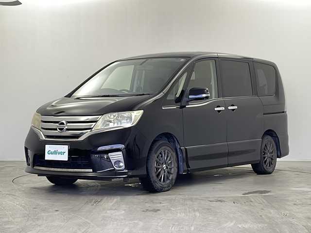 日産 セレナ ハイウェイスター Vセレクション 栃木県 2012(平24)年 11万km スーパーブラック 社外フリップダウンモニター(Pioneer)/純正SDナビ(MC311D-W)/ Bluetooth/フルセグTV・/SD/CD/DVD/バックカメラ/クルーズコントロール/両側パワースライドドア/リアガラスサンシェード/ビルトインETC/HIDヘッドライト/フォグランプ/プッシュスタート/フロアマット/社外5インチアルミホイール/純正16インチアルミホイールセット積込(タイヤ溝無)/スマートキー×2本/保証書、取扱説明書