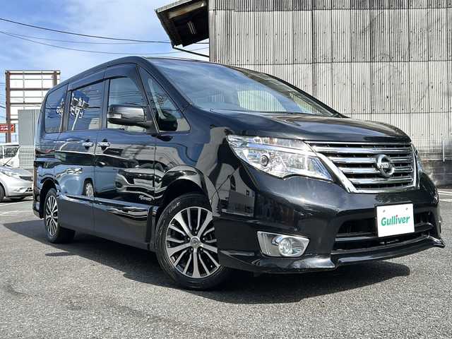 日産 セレナ ハイウェイスター Sハイブリッド 埼玉県 2014(平26)年 7.2万km ダイヤモンドブラック 外部検査実施済み/後期型/ハイブリッドモデル/エマージェンシーブレーキ/レーンキープアシスト/クルーズコントロール/純正ナビTV/純正フリップダウンモニター/純正16インチアルミホイール/両側電動スライドドア/LEDヘッドライト/フォグランプ/バックカメラ/オートライト/プッシュスタート/スマートキー/電動格納ミラー/ETC/アイドリングストップ