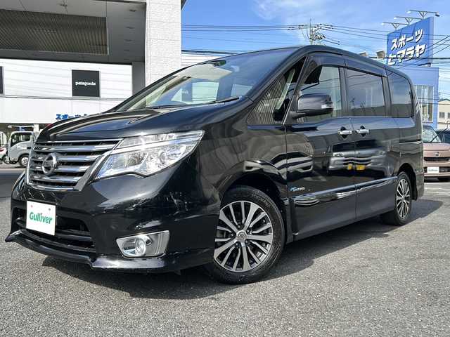 日産 セレナ ハイウェイスター Sハイブリッド 埼玉県 2014(平26)年 7.2万km ダイヤモンドブラック 外部検査実施済み/後期型/ハイブリッドモデル/エマージェンシーブレーキ/レーンキープアシスト/クルーズコントロール/純正ナビTV/純正フリップダウンモニター/純正16インチアルミホイール/両側電動スライドドア/LEDヘッドライト/フォグランプ/バックカメラ/オートライト/プッシュスタート/スマートキー/電動格納ミラー/ETC/アイドリングストップ
