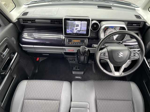 スズキ スペーシア カスタム HYBRID XS 三重県 2022(令4)年 3.7万km ブルーイッシュブラックパール3 登録時36743km/ワンオーナー/禁煙車/ハーフレザーシート/両側パワースライドドア/純正ナビ/（AM/FM/TV/Bluetooth）/フルセグTV/アラウンドビューモニター/レーダークルーズコントロール/ドライブレコーダー/ステアリングスイッチ/オートライト/シートヒーター/衝突軽減システム/レーンキープアシスト/コーナーセンサー/HUD/プッシュスタート/スペアキー/純正フロアマット/純正アルミ