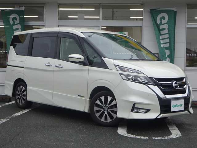 日産 セレナ ハイウェイスター Vセレクション 静岡県 2018(平30)年 8万km ブリリアントホワイトパール ワンオーナー/禁煙車/ハンズフリー両側パワースライドドア/純正SDナビ　MM317D-W/（CD/DVD/SD/USB/iPod/フルセグTV)/ステアリングリモコン/純正フリップダウンモニター/全方位モニター・バックカメラ/セーフティパックB/・プロパイロット（自動運転技術）/・車線逸脱防止支援システム/・カーテン・サイドエアバック/・アラウンドビューモニター/・スマートルームミラー/・踏み間違い衝突防止アシスト/・インテリジェントパーキングシステム/・侵入禁止標識検知/・ふらつき警報/・フロント・バックソナー/・電動パーキング/・オートブレーキホールド/2列目超ロングスライド/運転席・助手席シートバックテーブル/USBケーブル（運転席・2列目・3列目）/ビルトインETC/LEDヘッドライト/プッシュスタート・スマートキー/スペアキー/保証書・取扱説明書